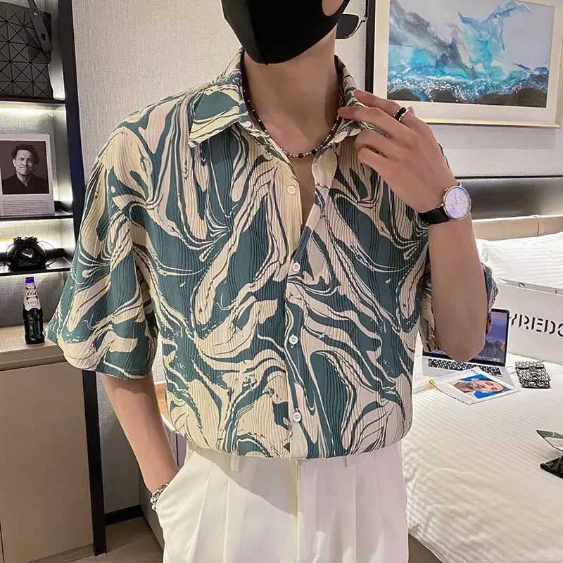 Mens Shirt Floral Print Half Sleeve Male Shirts Black Green Original Button Up Cotton with Sleeves Slim Fit Collar Korean Style W250627