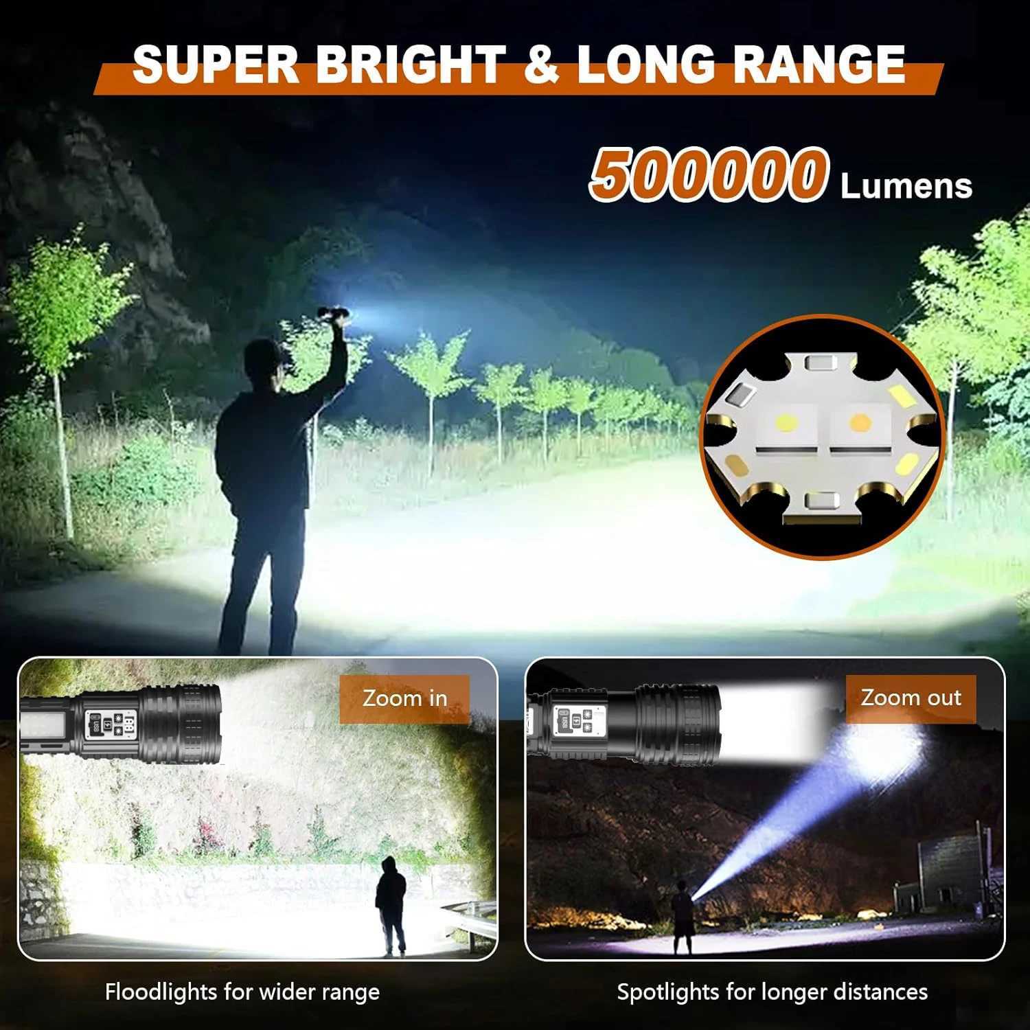 High Power Flashlight Super Big Flashlight Rechargeable Most Strong LED Flash Light Long Range Torch Outdoor Built in Battery W250701