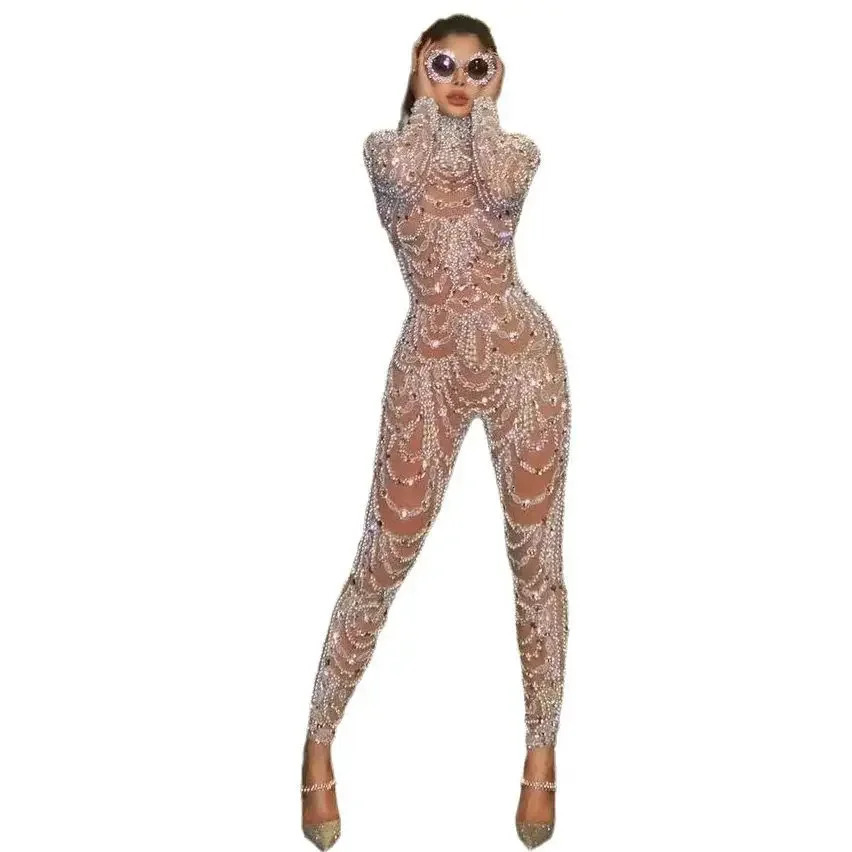 Nightclub Singer Sexy Perspective Backless Sparkling Birthday Party Evening Jumpsuit DJ Tight Performance Stage Costume 250624
