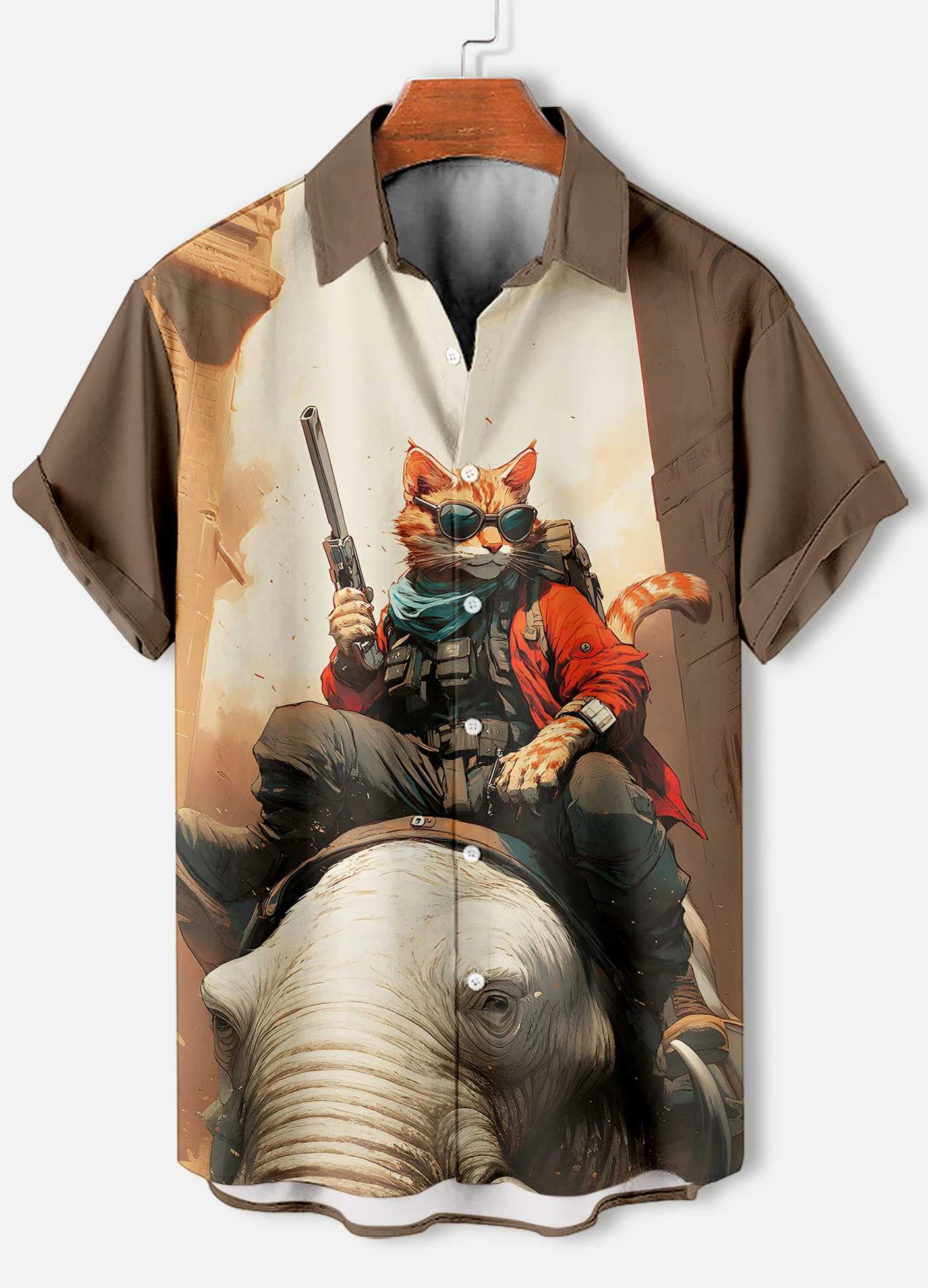 Mens Retro Cartoon Anime Cat Theme Short Sleeve Shirts Short Sleeve Tops Fashion Casual Vacation Streetwear Summer Mens Shirts W250627