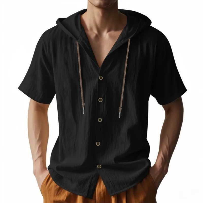 Mens Short Sleeve Shirt Cotton Linen Solid Color Shirts Men Hooded Casual Shirt Man Single Breasted Tops Men Breathable Shirt W250627