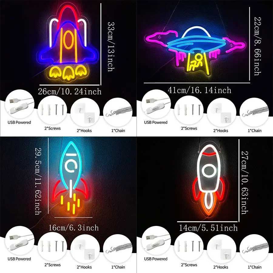 Animation Theme Neon Sign Spacecraft Rocket Color Icon USB Powered Used for Room Bar Game Room Art Decor Gifts for Friends. XJ250626