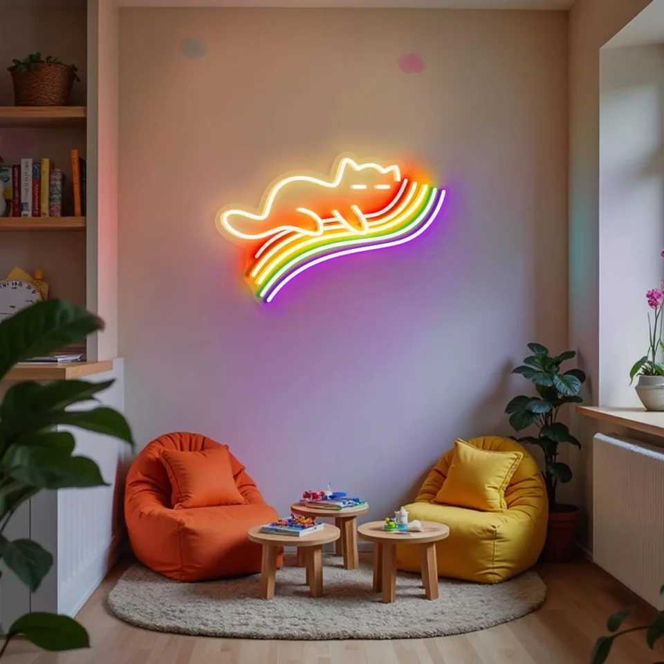 Cat Sleeping On Rainbow Neon Sign Rainbow Cat Neon Sign Cute Cat Lover Gift Aesthetic Wall Decor Kid Room Decor XJ250626