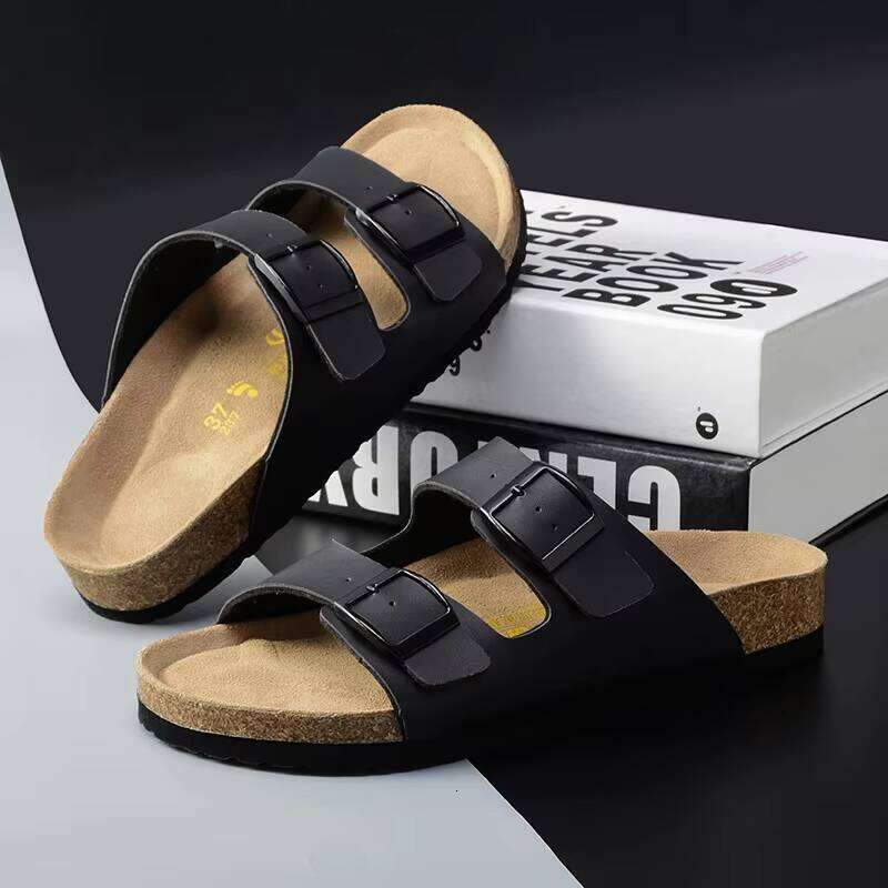 2024 Summer New Double-Breasted Cork Slippers Unisex Genuine Leather Sandals Comfortable for Outdoor Wear