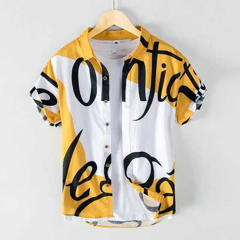 Street Casual Short Sleeve Print Letter Shirt Tops Mens Summer New Polo Neck Plus Size Trend Blouse Fashion Casual Men Clothing W250627