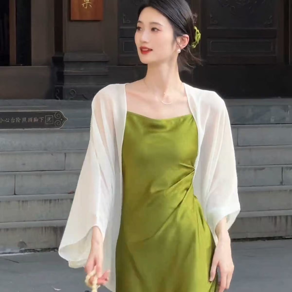 K1149 Super fairy Tencel sun protection clothes for women in summer with cheongsam skirt and small shawl tulle cardigan jacket breathable blouse