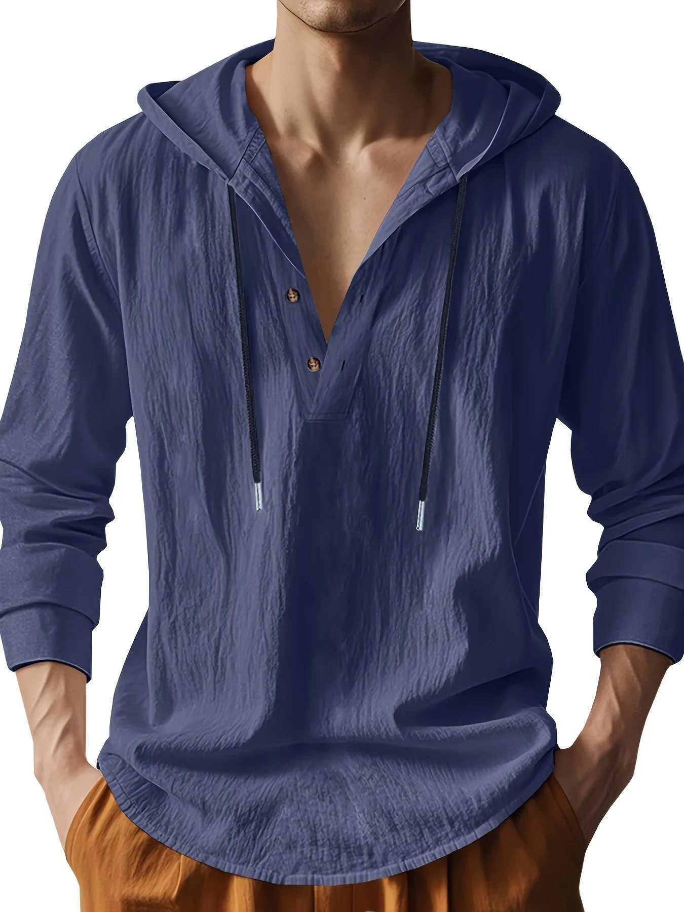 Mens Lightweight Linen Hooded Henley Shirt Casual Long Sleeve Button-Up Drawstring Solid Color W250627