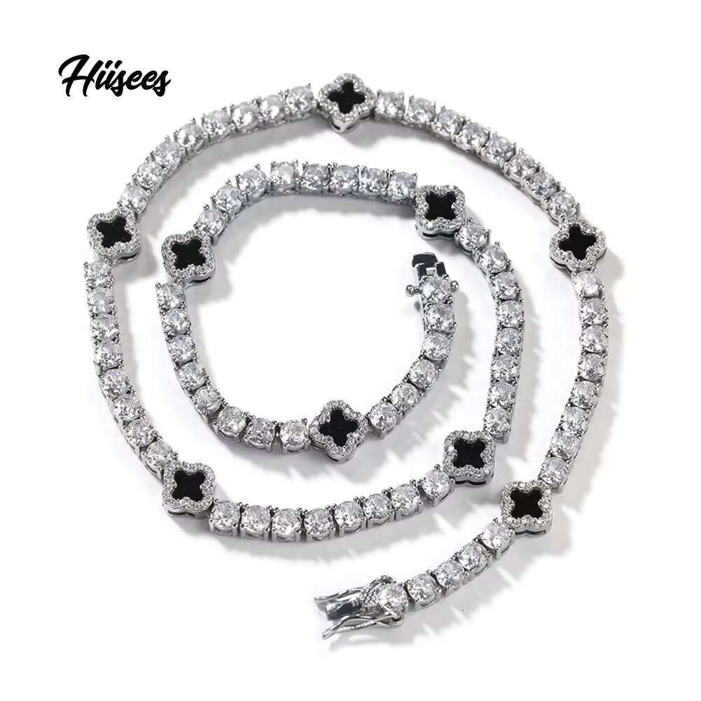 Fashion Jewelry Women Men 4mm Hypoallergenic moissanite VVS1 Diamond Black 4 Four Leaf Clover Tennis Necklace