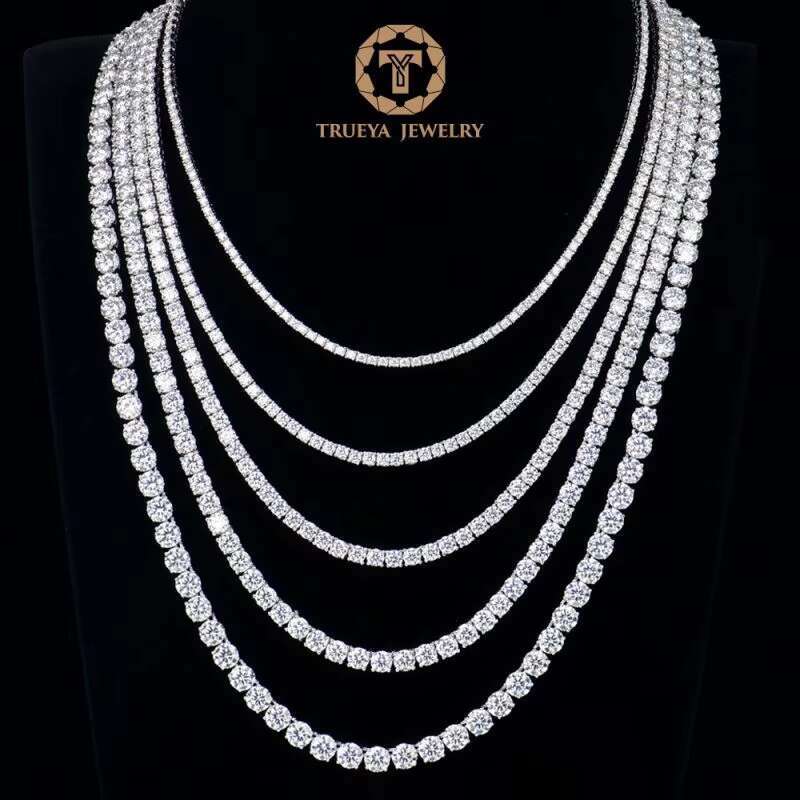 Round Lab Created Moissanite 2mm to 6mm Width Tennis Chain Necklace for Hip Hop Men Women White Gold Plated 925 Sterling Silver