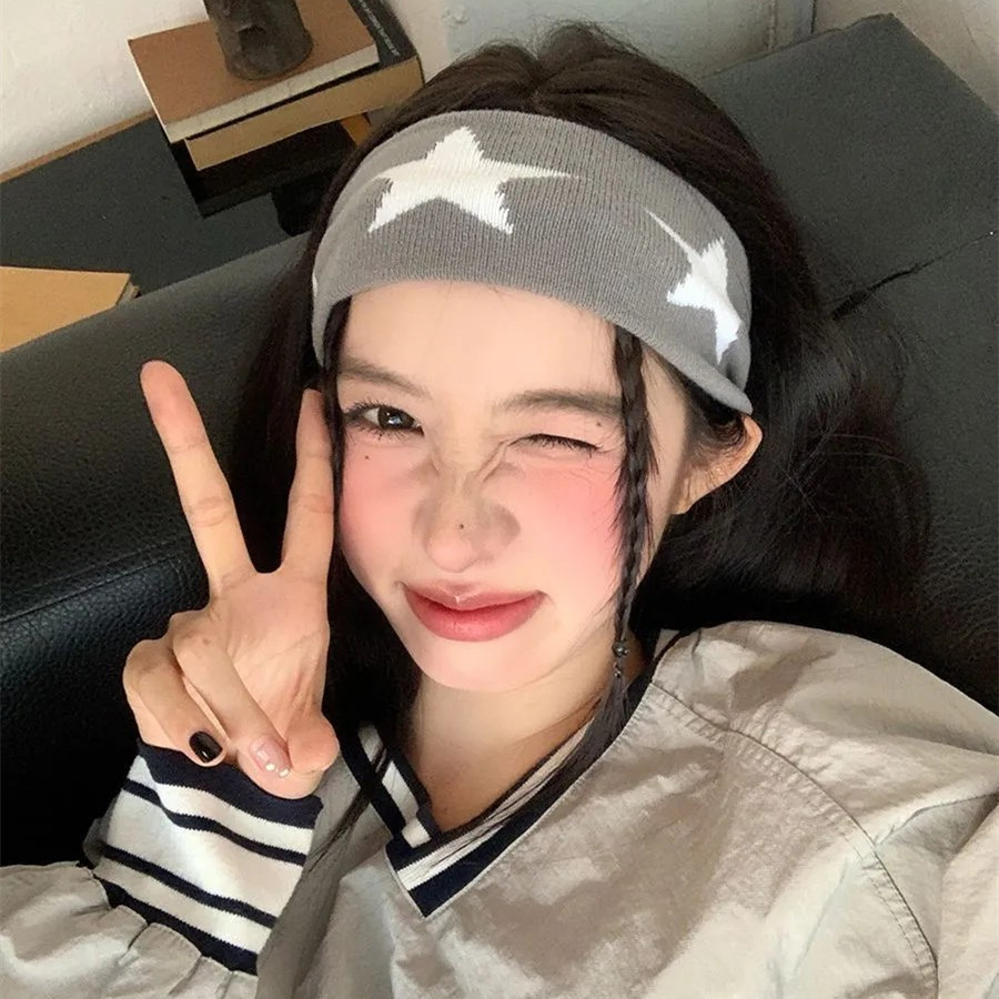 Gray Star Print Hip-Hop Wide-Hemmed Stretch Hairband - Casual, Fashionable, Minimalist, Versatile Knitted Sports Headwear for Women