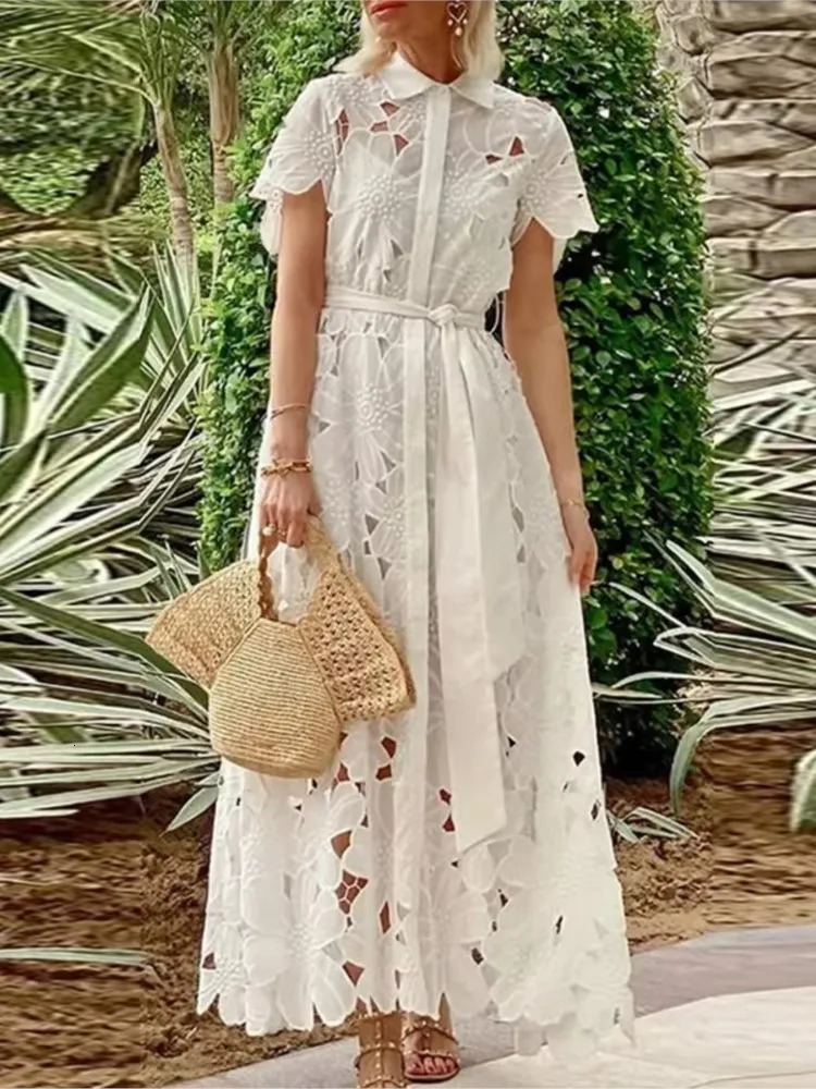 Elegant Long Dress Women White Sexy Hollow Short Sleeved Single Breasted Lace Up Dresses Summer Holiday Party Vestidos 250626