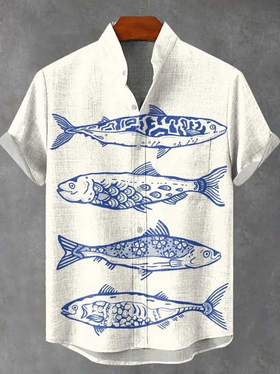 Men Summer Retro Fish Pattern Art Shirt Casual Linen Short Sleeve Fishing Enthusiast Clothing Beautiful Style Mens Shirts W250627
