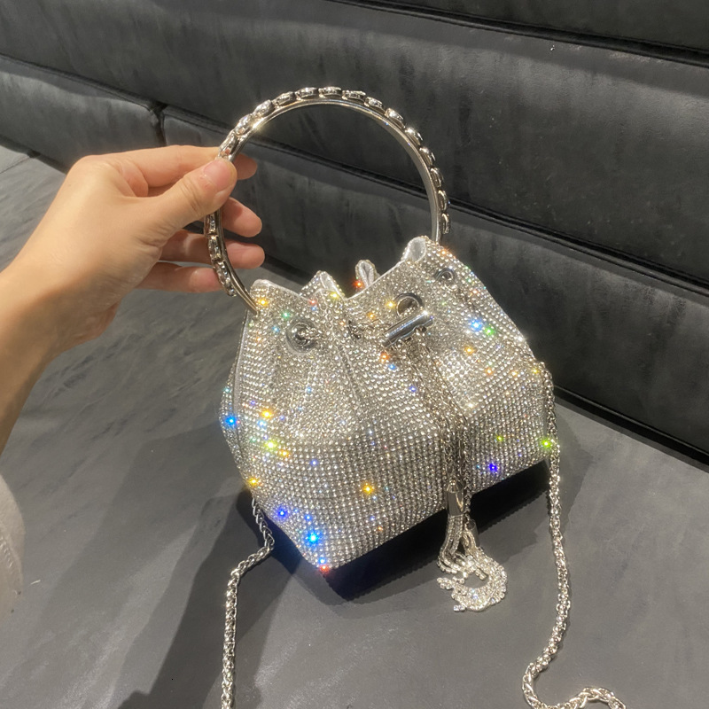 Free Shipping Women's New Rhinestone Bucket Bag Round Handle Handbag Designer Luxury Single Shoulder Crossbody Chain Small Bag Inlaid Diamond Bag