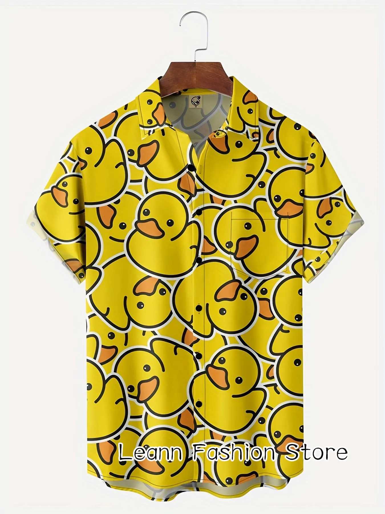 Men Summer Cute Cartoon Yellow Ducks Print Shirt Hawaiian Vacation Clothing Male Button Lapel Collar Fashion Beach W250627