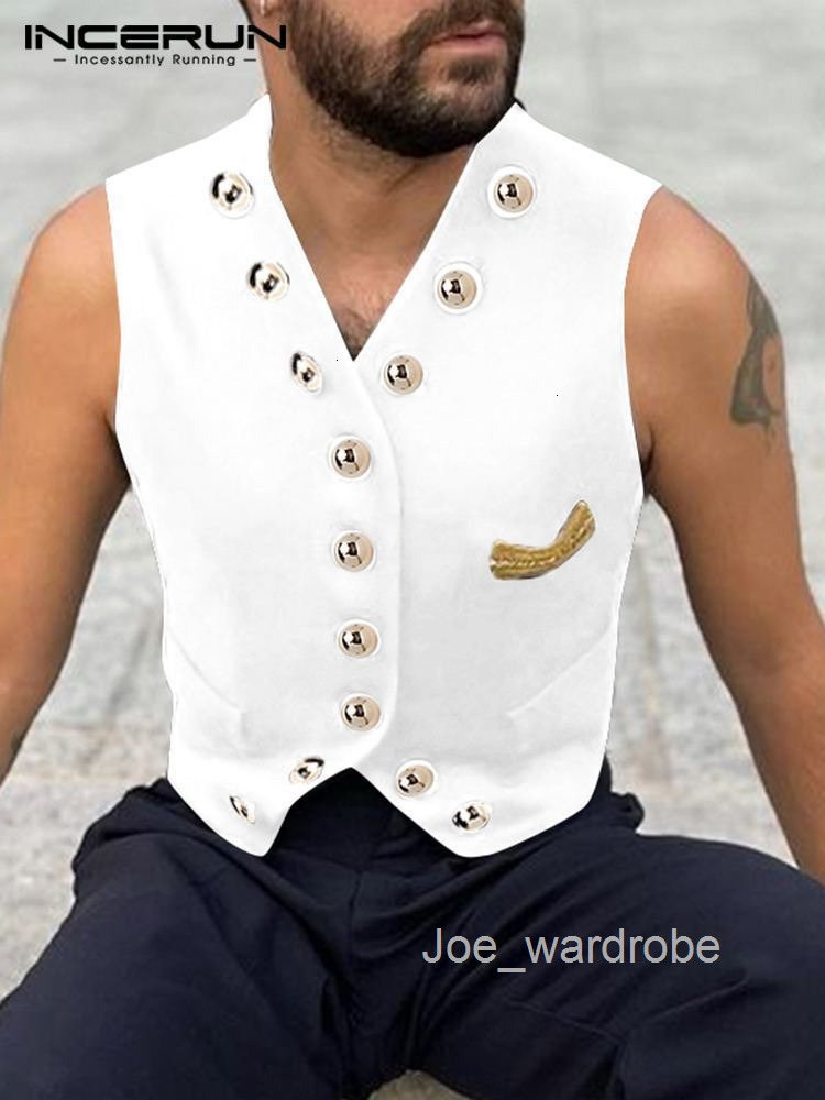 Mens Vests Party Nightclub Style Men Solid Metal Button Waistcoat Casual llmatch Male Sleeveless Vneck S5XL INCERUN Tops 2023