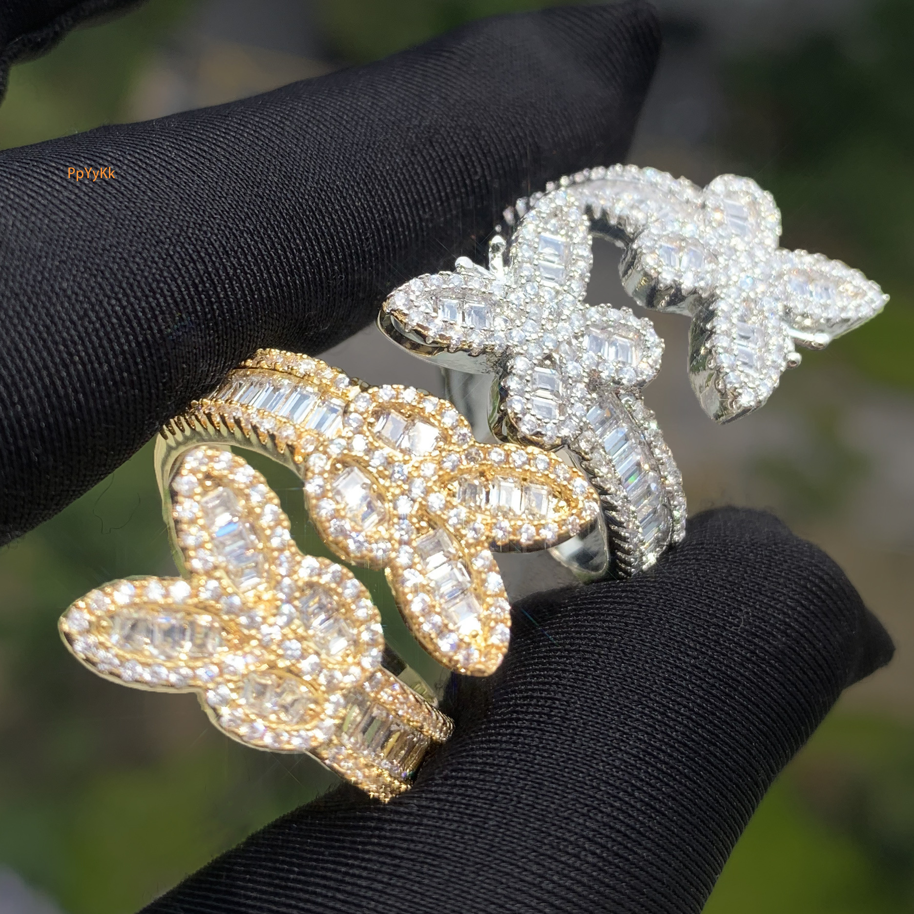 New Release Luxury VVS Moissanite Iced Out Hip Hop Streetwear Twin Butterflies Couple Ring Edgy Bling Premium Jewelry Passes the Diamond Tester