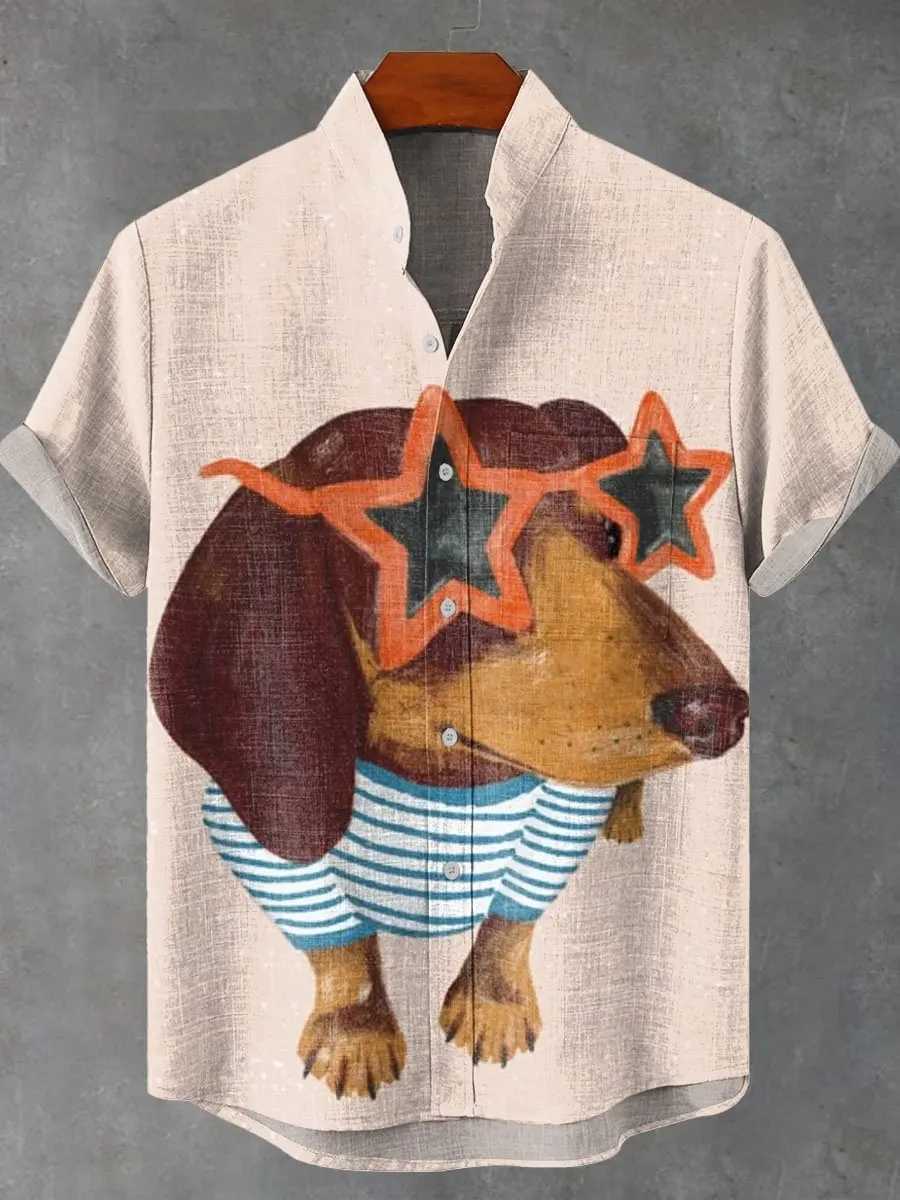 Mens New Cartoon Puppy Elegant Artistic Pattern Linen Fabric Short Sleeve Shirt Summer Casual Top Suitable For Vacation W250627
