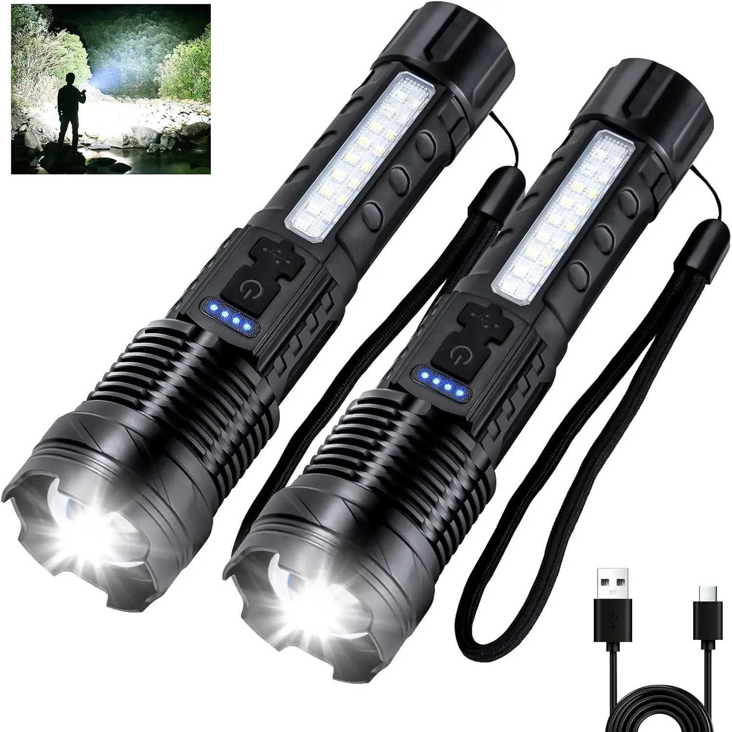 Powerful XHP50 LED Flashlight Waterproof 18650 Torch With Side Light 7 Modes Camping Fishing Lantern USB Rechargeable Zoom Lamp W250701