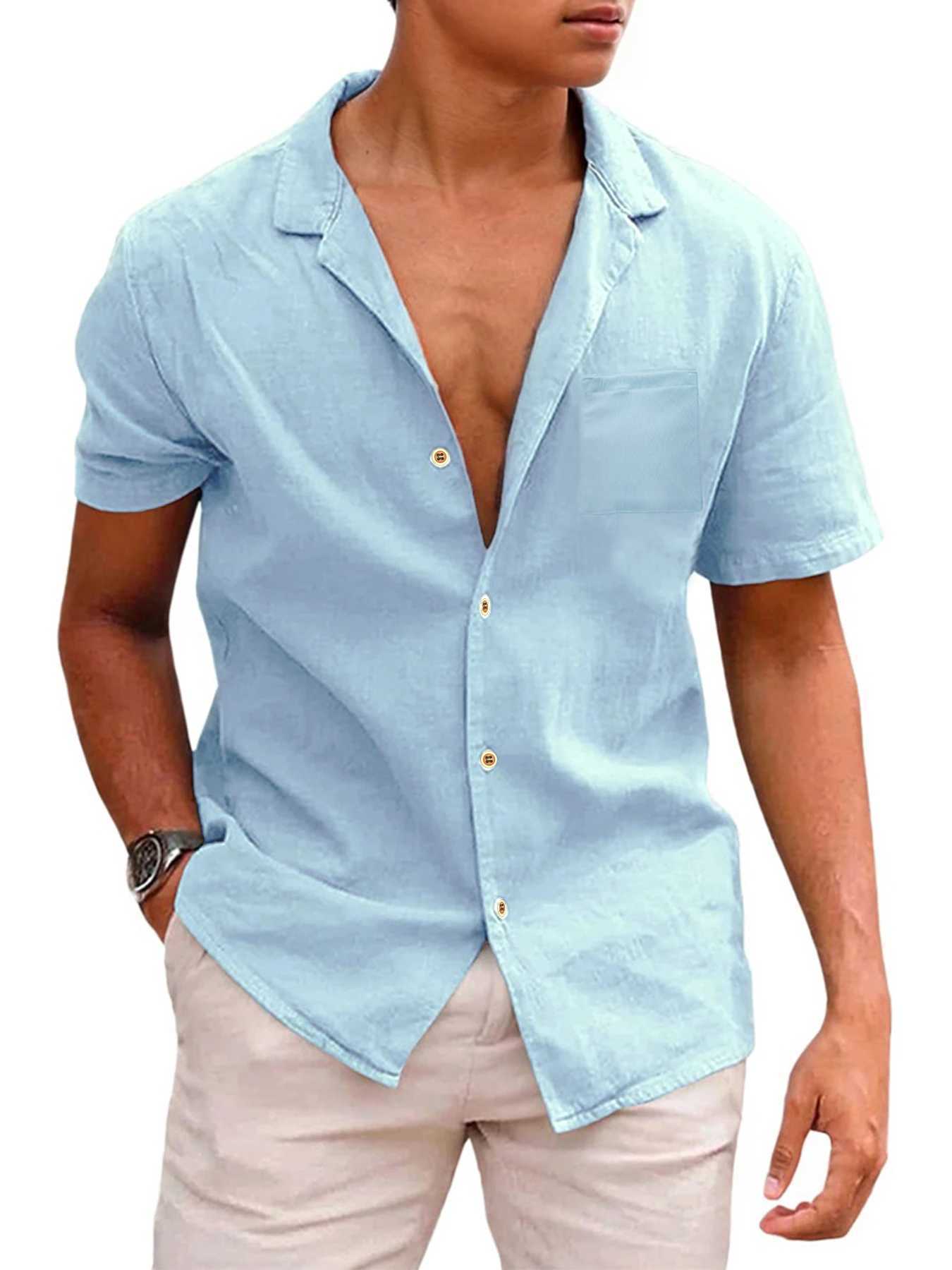 Mens Short-Sleeved Shirts Summer Solid Color Comfort Collar Casual Beach Vacation Shirts Casual Lightweight Button Shirts W250627