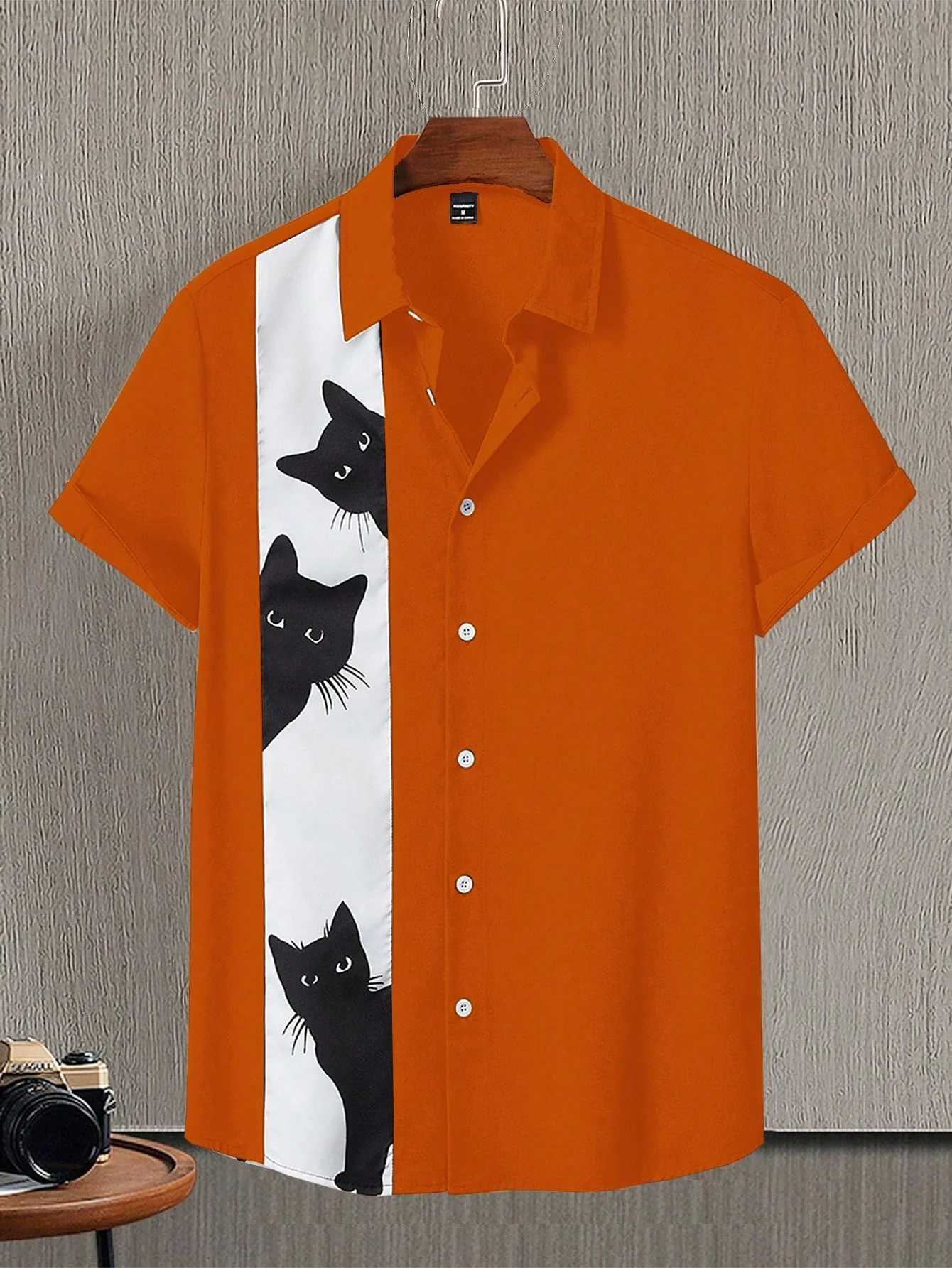 Whimsical Cat Print Mens Shirt Playful Short Sleeve Button-Up with Adorable Kitten Patterns for Casual Fun Outings W250627