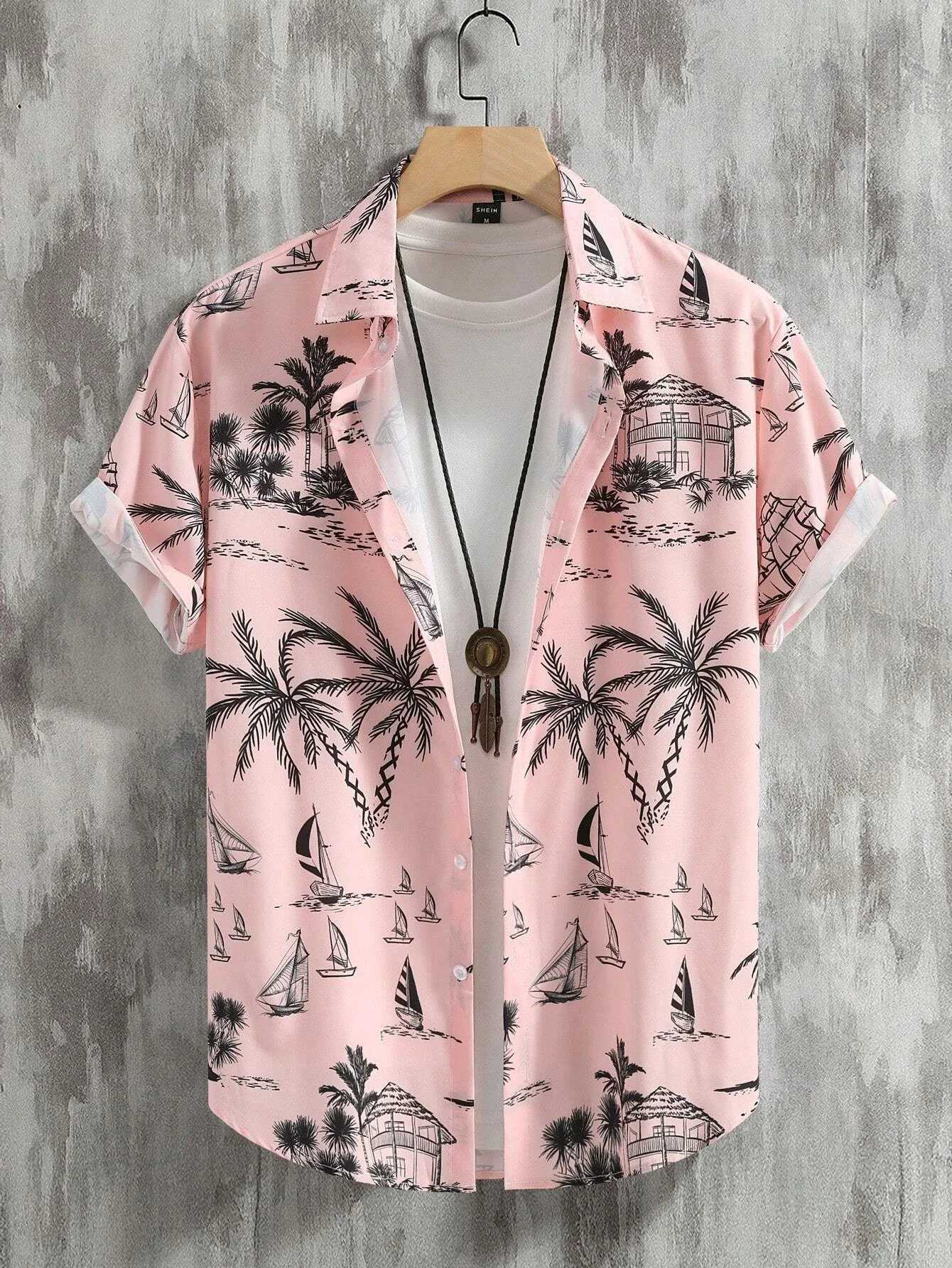 Mens Coconut Tree Graphic Print Short Sleeve Lapel Shirt Tops Mens Casual Button-Down Shirts For Summer Daily Wear And Resort W250627