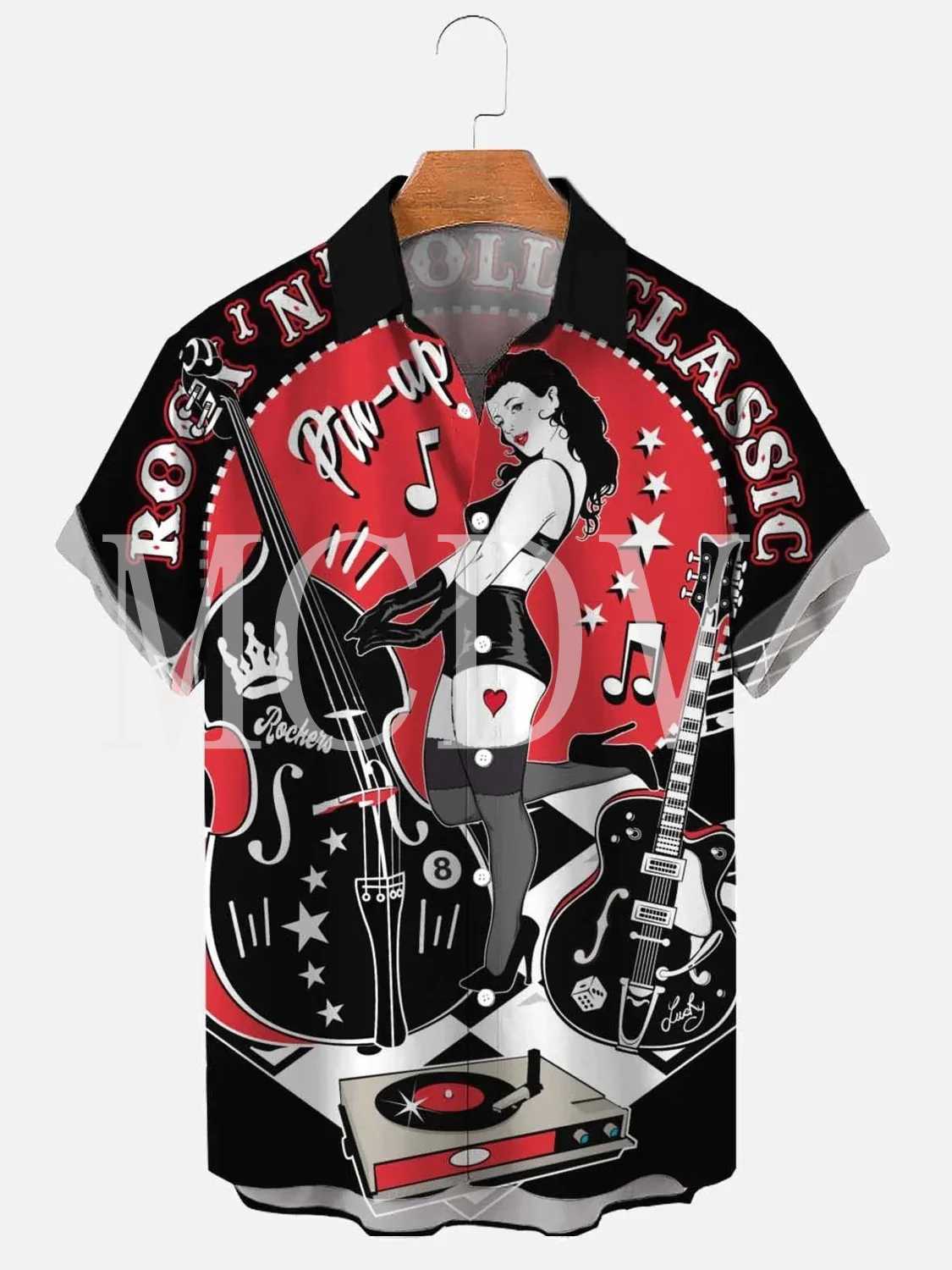 Mens Rockabilly Vintage Rocker Rock N Roll Printed Casual Breathable Short Sleeve Hawaiian Shirt W250627