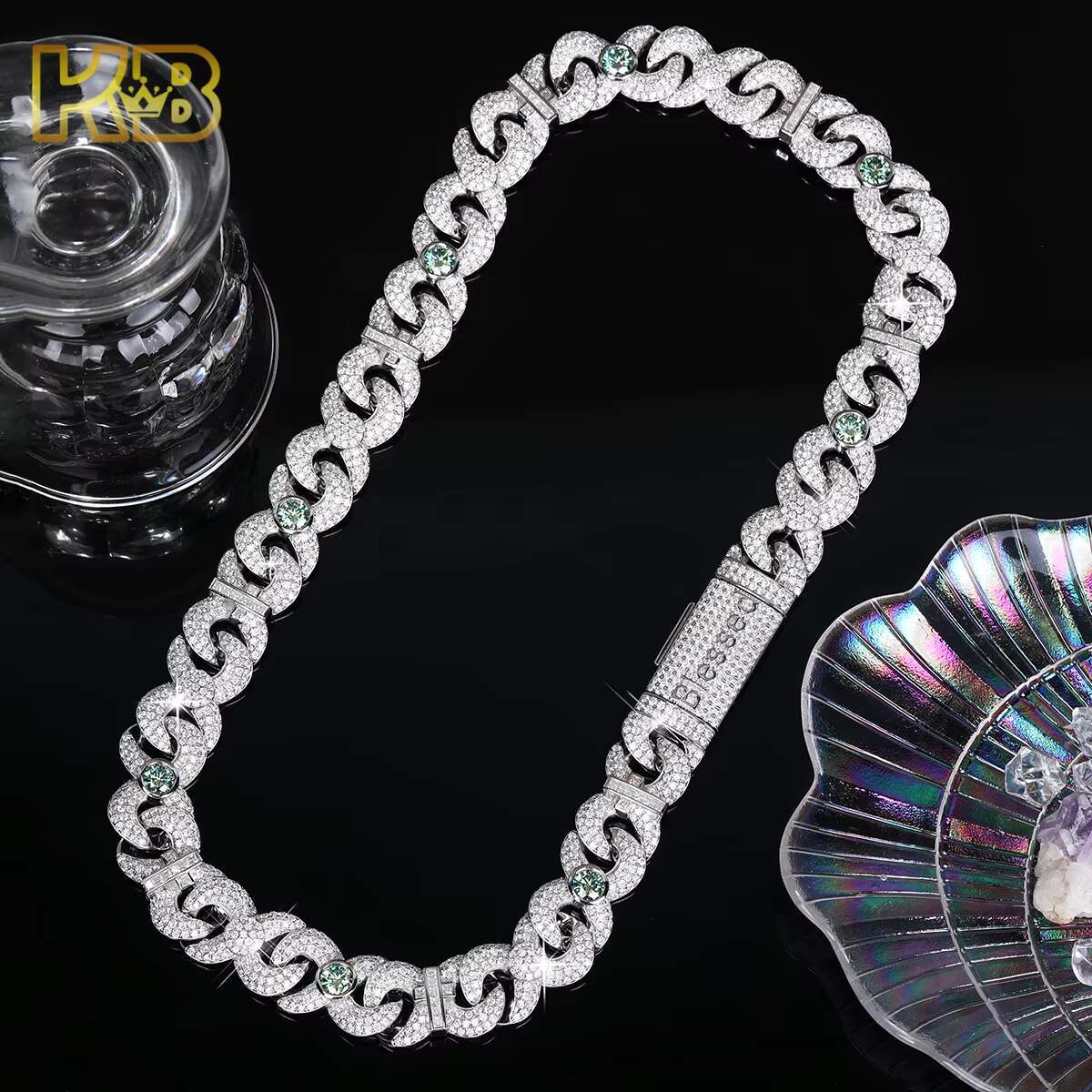 Luxury Iced Out VVS Moissanite Cuban Link Chain Necklace for Men 925 Sterling Silver Hip Hop Bling Jewelry with Green Gem Accent