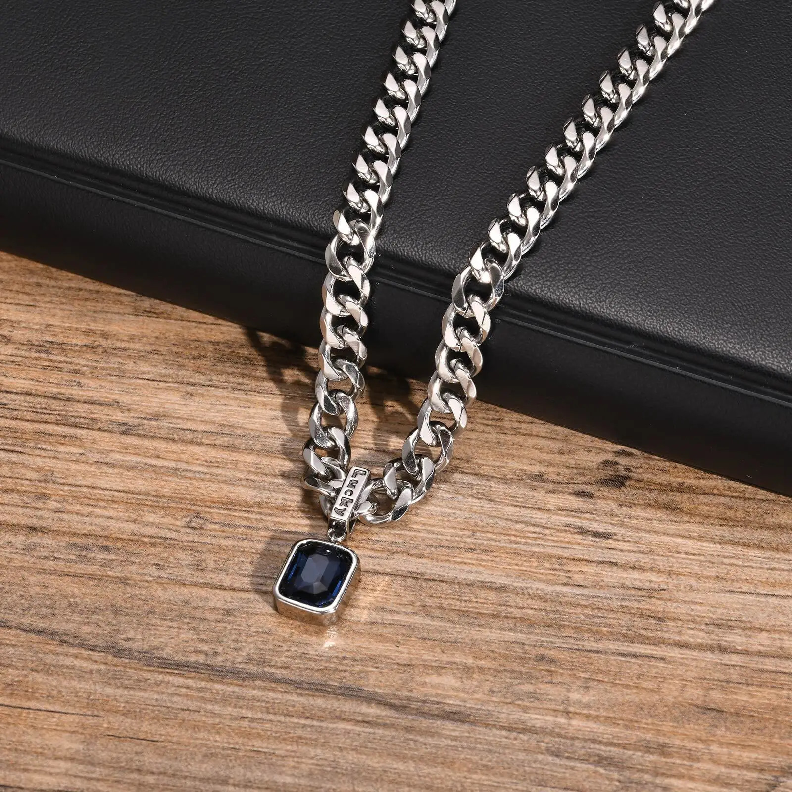 Sea Blue Zircon Pendant Necklaces for Men BoysStainless Steel Lucky Words Pendant CollarPunk Hiphop Jewelry Birthday Gift 250627