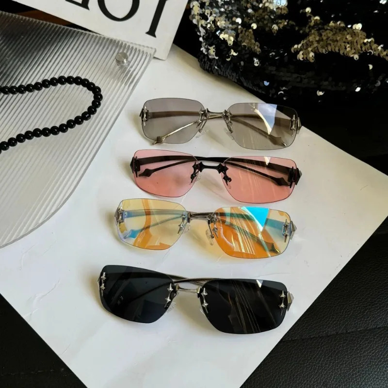 Y2K Vintage Rimless Square Sunglasses Women For Men Sun Glasses Punk Hip Hop Rivet Star Shades 250626