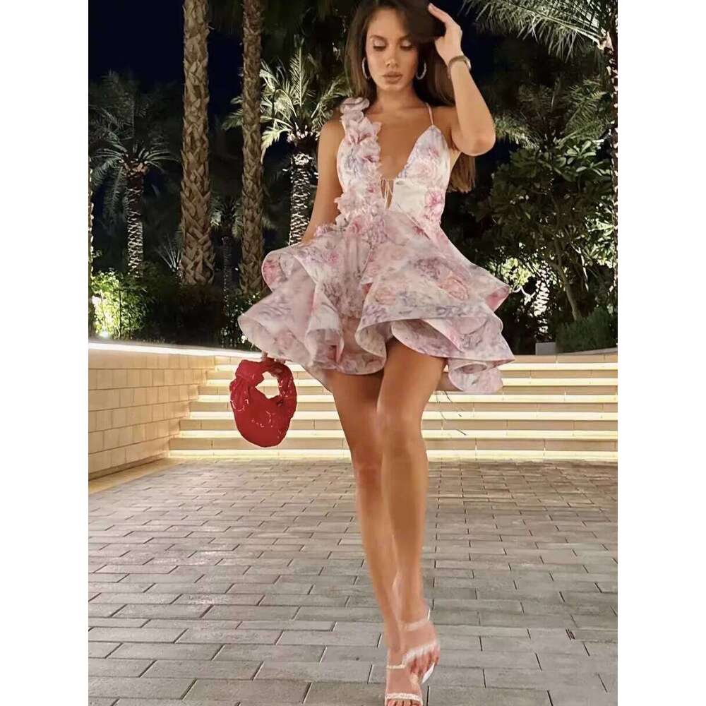 Designer Clothing 2025 FSMG Sweet Pink 3D Flower Ruffles Mini Camisole Dress Fashion Sexy V Neck Sleeveless Backless Short Skirt Evening Party Vestido