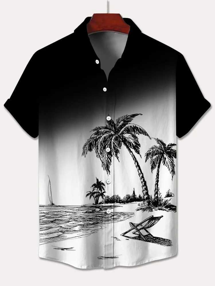 Mens Short-sleeved Shirt With Black And White Gradient Beach Print Single-breasted Shirt For Beach Vacation And Casual Wear W250627