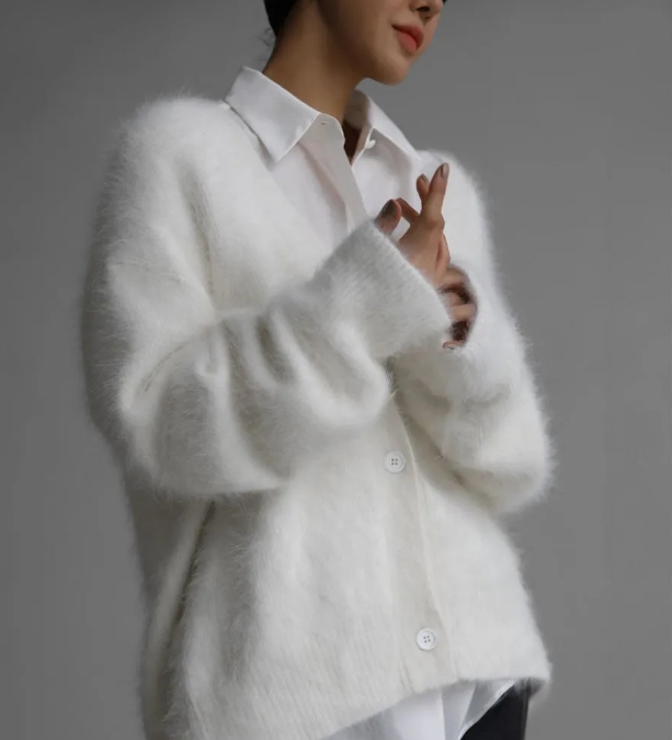 Imitation Mink Wool Knitted Sweater Cardigan Autumn/winter Lazy Loose Long Sleeved V-neck Sweater Jacket for Women