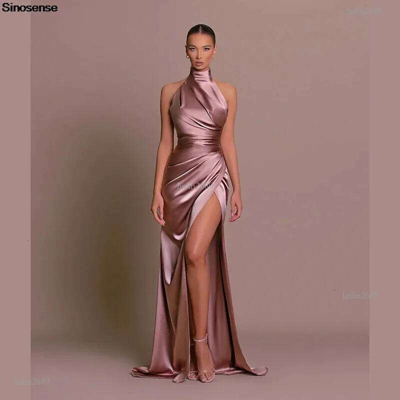 Women Elegant Long Evening Cocktail Party Dress Sexy Halter Backless Ruched High Split Bodycon Wedding Guest Bridesmaid 250103