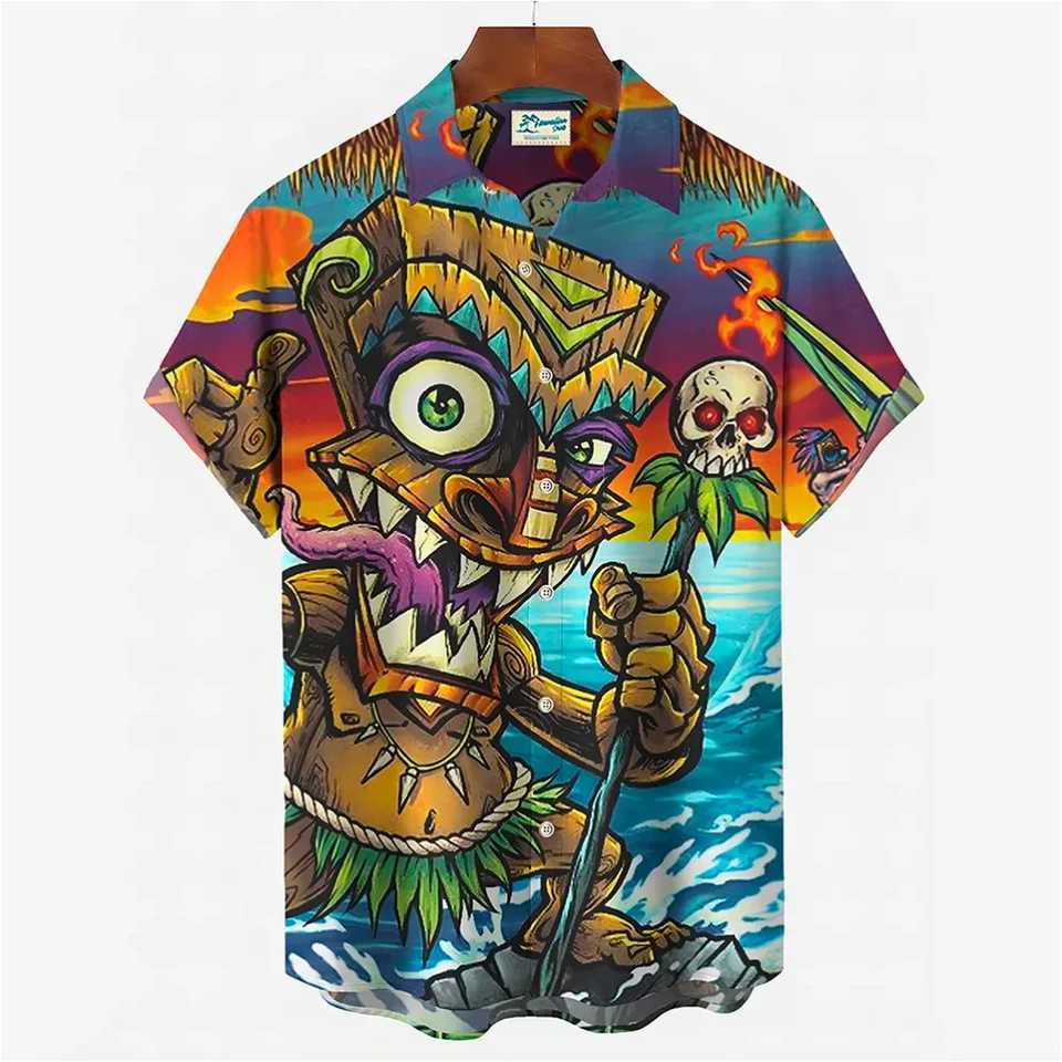 2024 Preppy Mens Shirts Streetwear Beach Male Top Short Sleeve Skull 3D Hawaiian Shirt Oversized Summer Casual Shirt For Men W250627