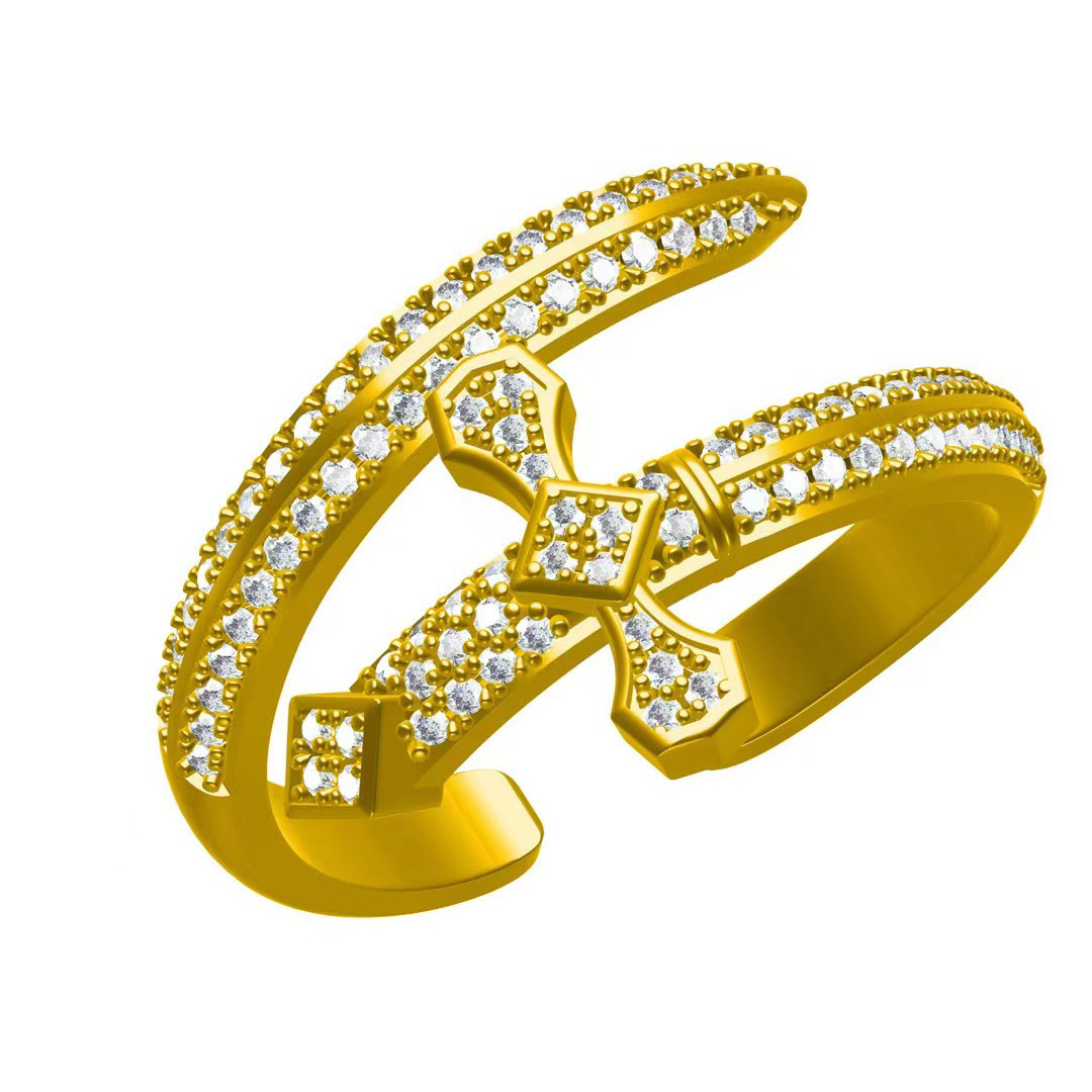 Hip Hop New Sword of Justice Ring Copper Inlaid Zircon Full Diamond Trendy Versatile Jewelry Pass the Diamond Tester