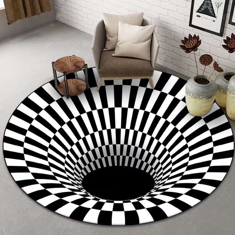 VIKAMA Swirl Tessellated Round Rug Living Room Ins Style Easy To Clean Modern Minimalist Black And White Carpet Home Decoration