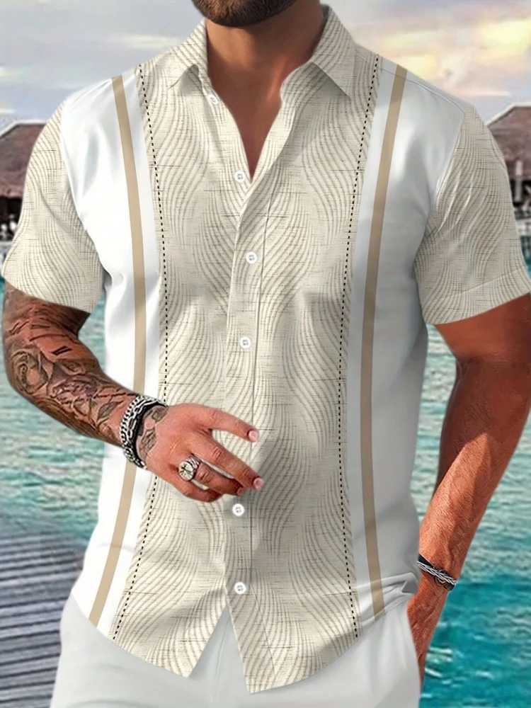 2025 Mens Colorblocking Striped Printed Button Down Short Sleeve Shirt Large Size 5XL High Quality Hawaii Beach Tops W250627