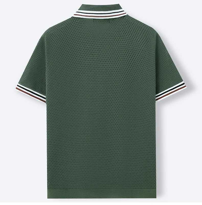2025 Summer Mens Hollow Out Knit Polo Shirt Casual Breathable Linen Cotton Blend Button Down Collar Shirt W250627