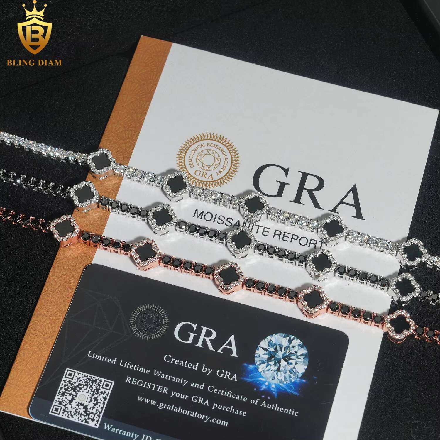 3mm New Design 925 Sterling Silver Vvs Black Moissanite Four Leaf Clover Tennis Chain Bracelets Gra Certificate