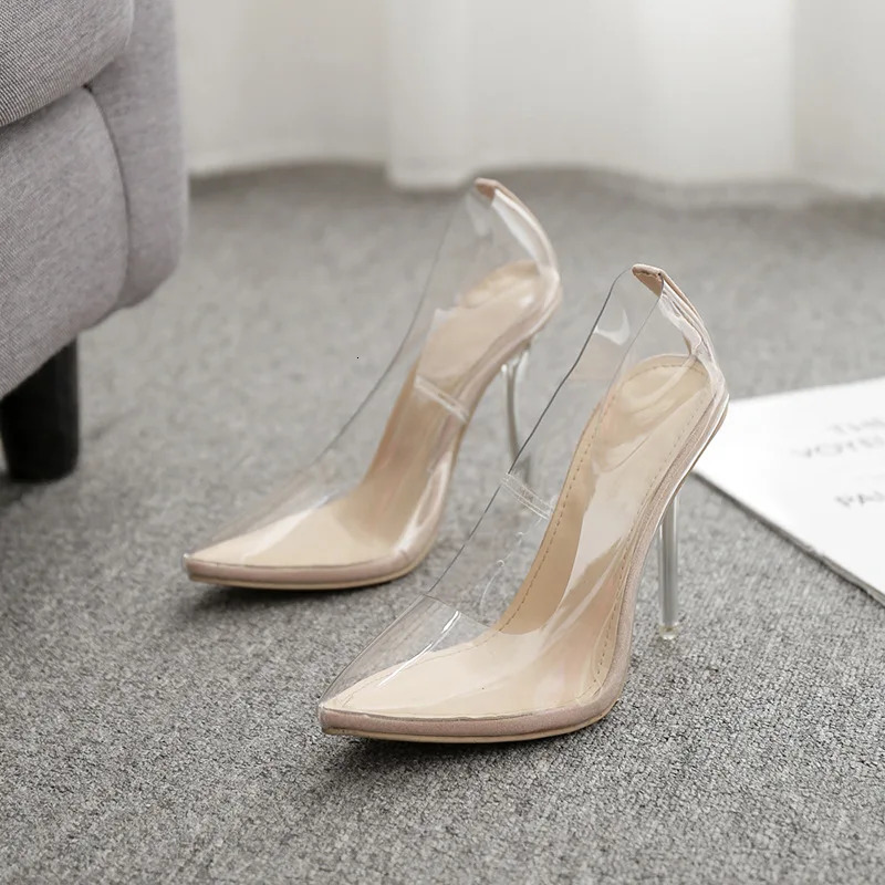 Concise Fashion PVC Woman Transparent Sandals Thin High Heels Shoes Pointed Toe Pumps Slip on Solid Apricot 250625