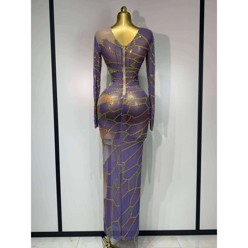 Sparkly Rhinestone Stretchy Mesh See Through Dress Women 2025 Performance Dancer Costume Birthday Nightclub Stage Outfit