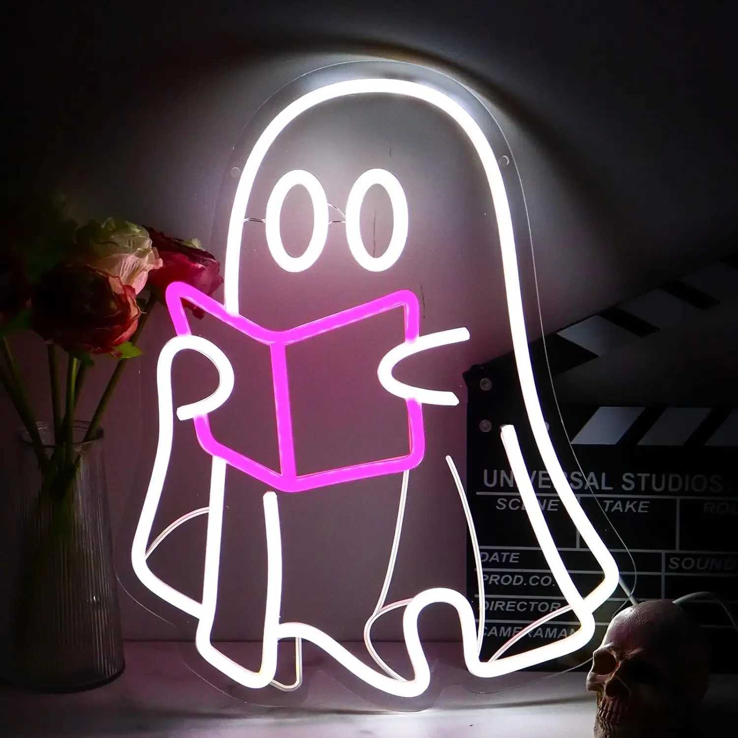 Reading Ghost Neon Sign LED Neon Light Sign Hanging Sign Halloween Party Ornaments Ghost Night Light For Bedroom Book Store XJ250626