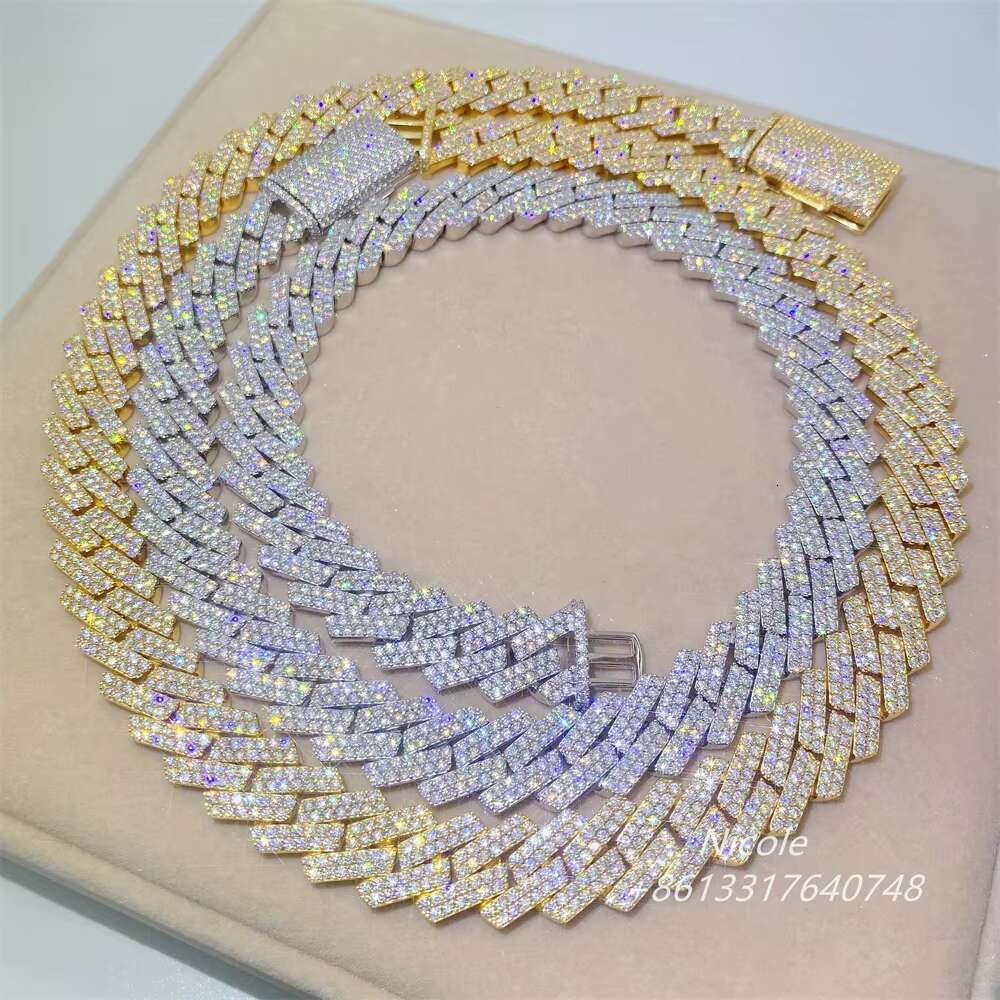 Hip Hop Jewelry 15mm 2 Rows 20 Inches Iced Out Diamond Miami Men 925 Sterling Silver Cuban Link Necklace