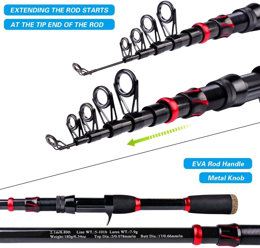 6.9 Feet Carbon Fiber Telescopic Rod with Spinning/Baitcasting Reel Combo, Saltwater Sea, Freshwater, Bass Fishing Gear Set