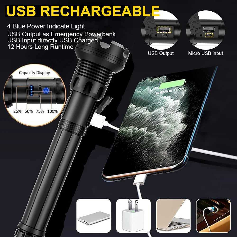 Rechargeable Super Bright Tactical Flashlight High Lumens Zoomable LED Flashlight With COB Side Light 7 Modes Floodlight Torch W250701