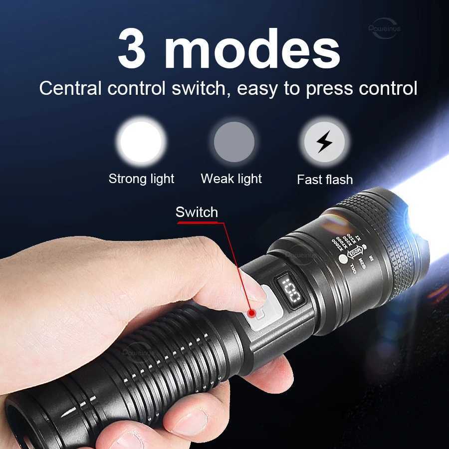 High Strong Power LED Flashlights300000LM Tactical Torch with Display Light USB Charging Camping Fishing Emergency Zoom Lantern W250701
