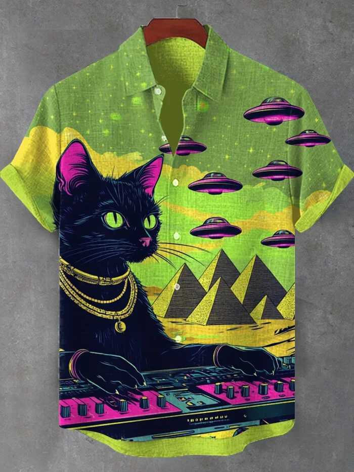 Mens Retro Cartoon Anime Cat Theme Short Sleeve Shirts Short Sleeve Tops Fashion Casual Vacation Streetwear Summer Mens Shirts W250627