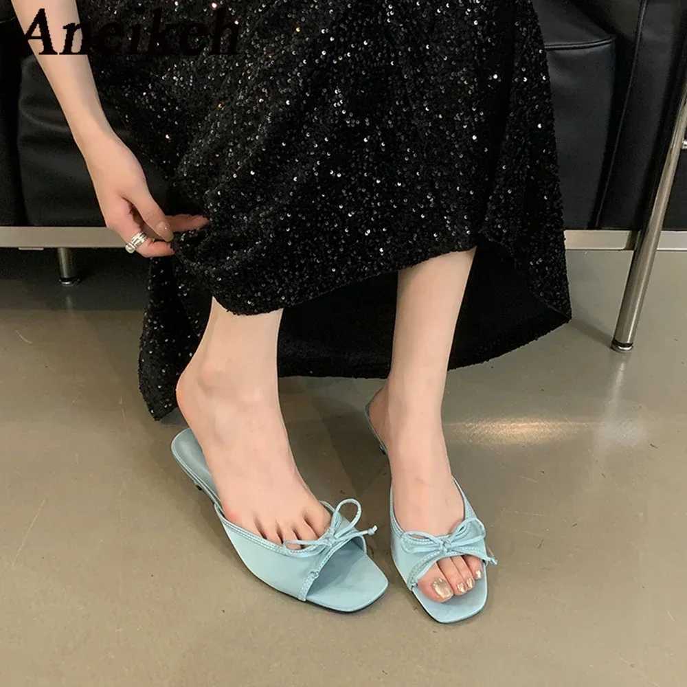 Aneikeh 2025 New Comfortable Low Heel Square Sandals Sweet Bow Silk Thick Heel Slippers for Ladies Outdoor Blue Slides Y250627
