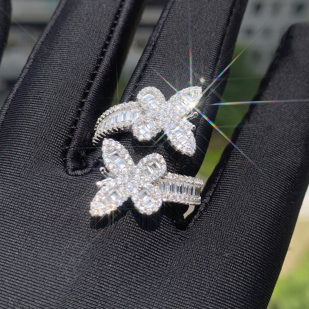 New Release Luxury VVS Moissanite Iced Out Hip Hop Streetwear Twin Butterflies Couple Ring Edgy Bling Premium Jewelry Passes the Diamond Tester