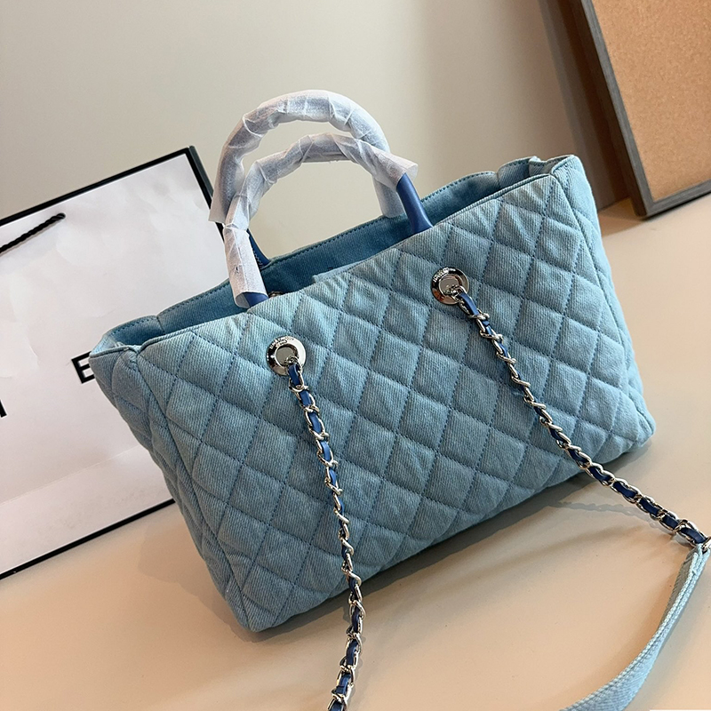 Women Denim Shopping Bag Tote with Leather Handle Silver Metal Hardware Matelasse Chain Thread Diamond Lattice Commuting Bag Daily Designer Shoulder Handbag 30cm